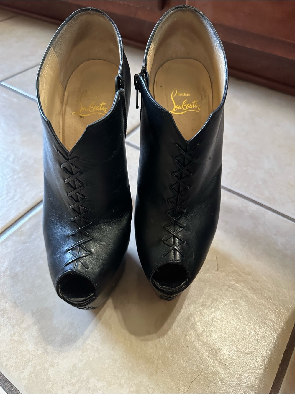 Black Peep-Toe High Heel Booties with Red Sole - Picture 6 of 6